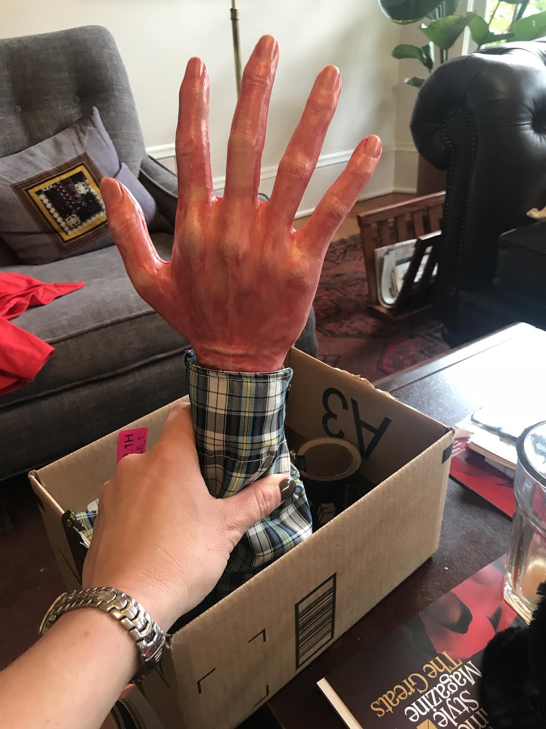 glue hand in box