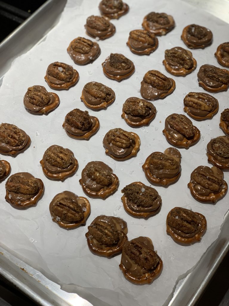 Pecans pressed onto turtles