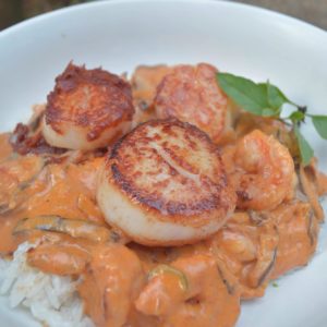 scallops and shrimp in red curry