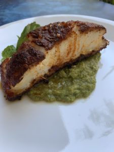 Harissa Spiced Sea Bass with Basil Avocado Sauce