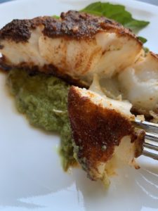 Harissa Spiced Sea Bass with Basil Avocado Sauce