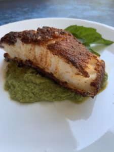 Harissa Spiced Sea Bass with Basil Avocado Sauce